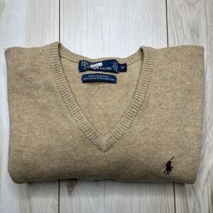 Polo Ralph Lauren Men's V-Neck Lambs Wool  Sweater Beige Size Medium